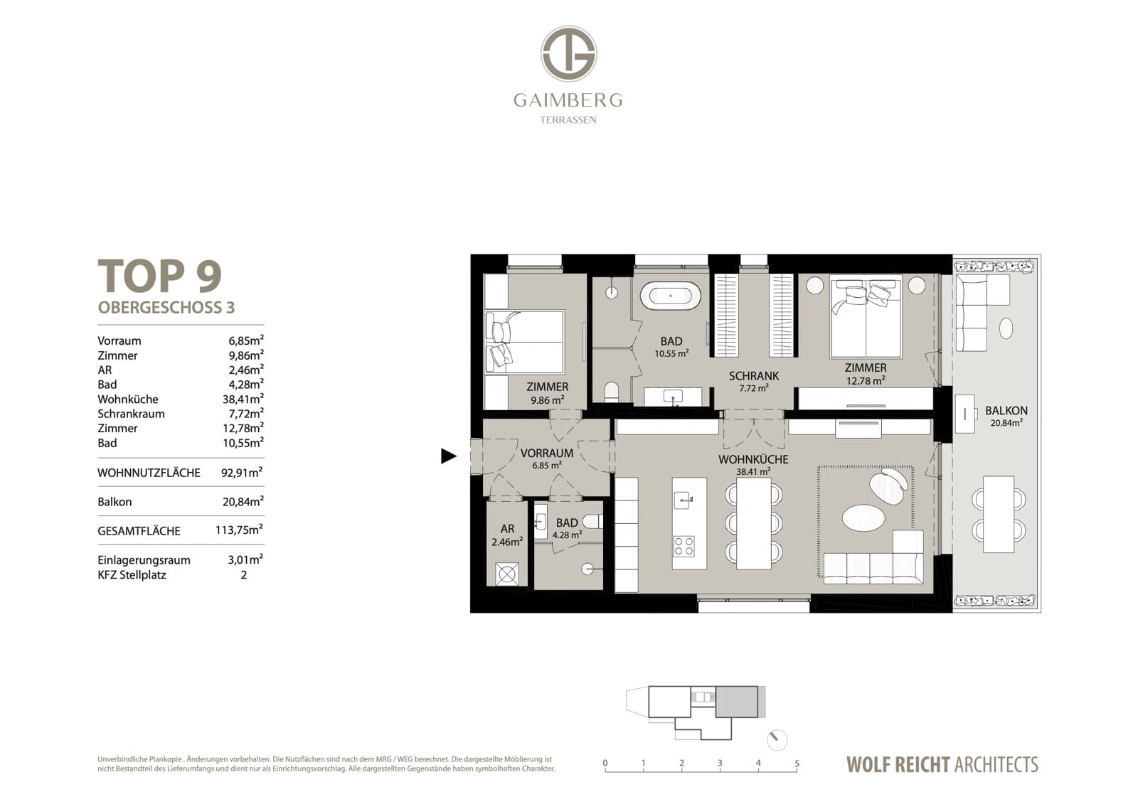 Grundriss Top 9 — 3. Obergeschoss, 92,91 m² Wohnnutzfläche